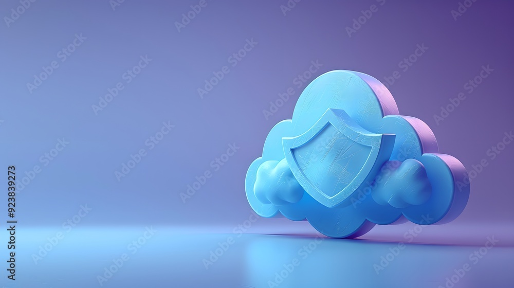 Poster blue cloud with a shield icon, symbolizing cloud security and data protection against a gradient bac