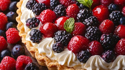 A vibrant, close-up photograph of a fresh fruit tart topped with colorful berries and luscious cream, capturing its delicious appeal.