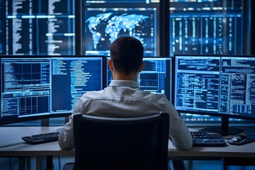 Cybersecurity expert analyzing data on multiple screen.
