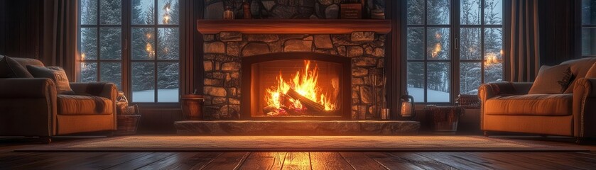 Cozy fireplace setting with a roaring fire, comfortable seating, and warm tones