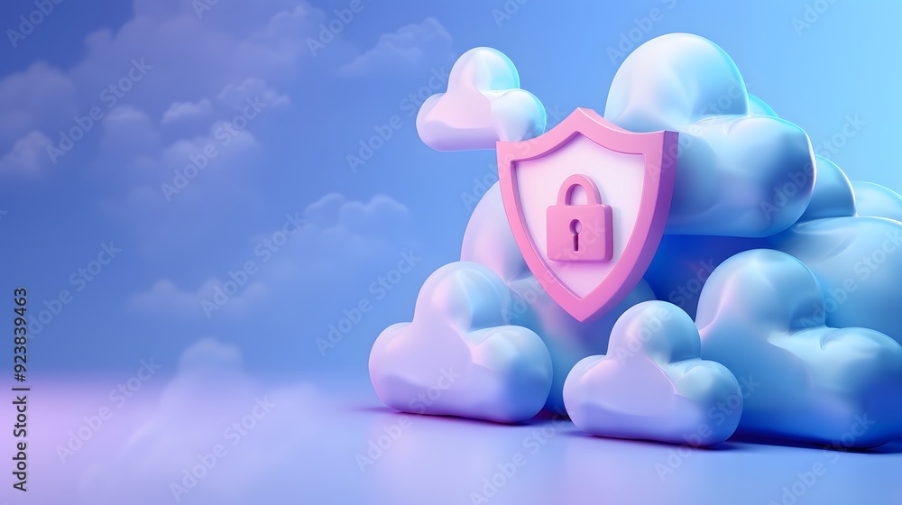 Poster cloud security concept with a lock icon on a shield among clouds, emphasizing cybersecurity in cloud