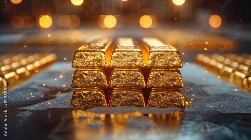 Poster elegant gold bars stack on reflective plate product. generative ai.
