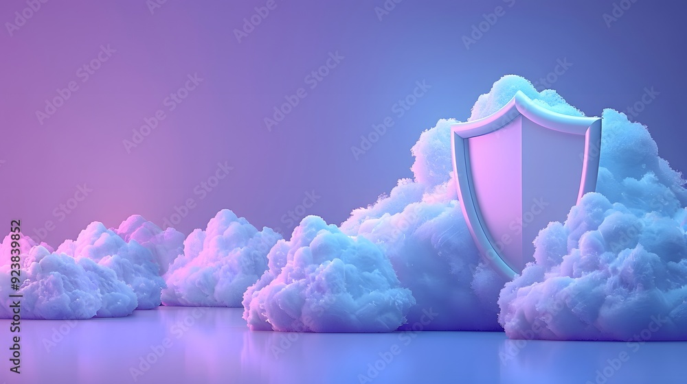 Poster concept of cloud security with a shield emerging from the clouds in a dreamy sky, symbolizing data p