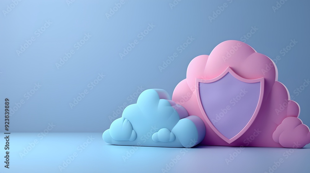Poster concept of cloud storage and data protection with 3d clouds and shield on blue background. security 