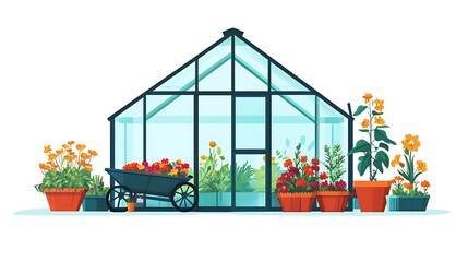 Obraz premium Refreshing Greenhouse Scene with Flower Pots and Wheelbarrow Vector Illustration on White Background in Flat Design