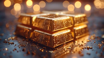 Elegant gold bars stack on reflective plate product. Generative AI.