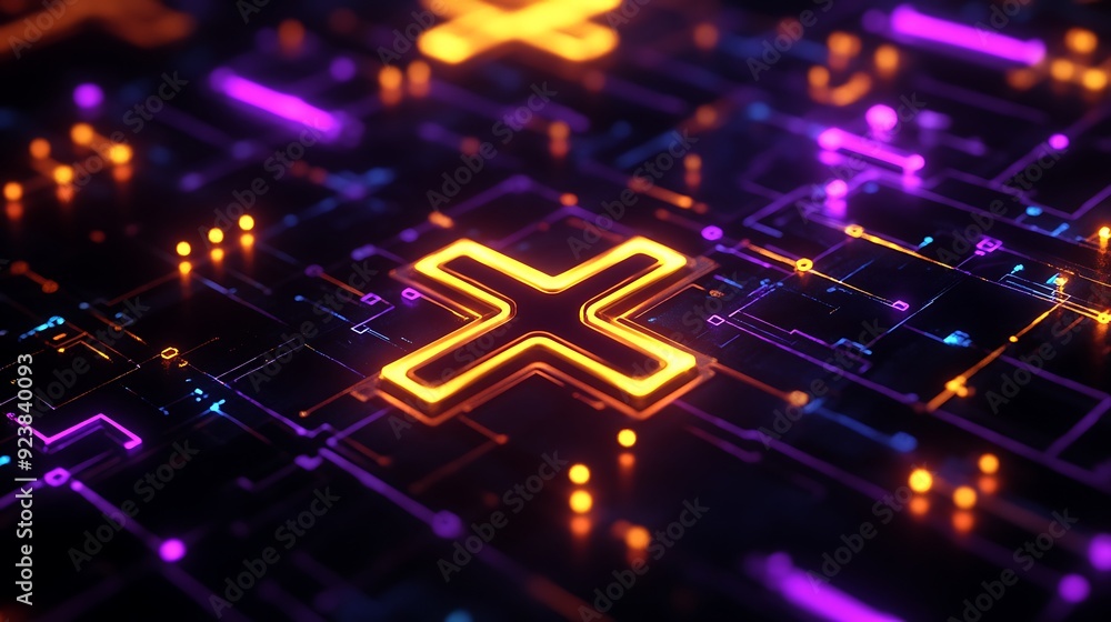 Aufkleber technological crosses illuminated with purple and yellow glow lines on black background - futuristic