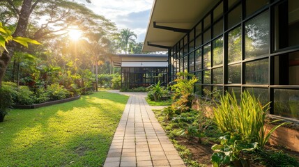 Obraz premium A paved walkway winds through a lush green garden towards a modern glass building.