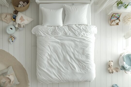 Aerial view of a cozy white bedroom featuring a neatly made bed and various plush toys and books on the floor.