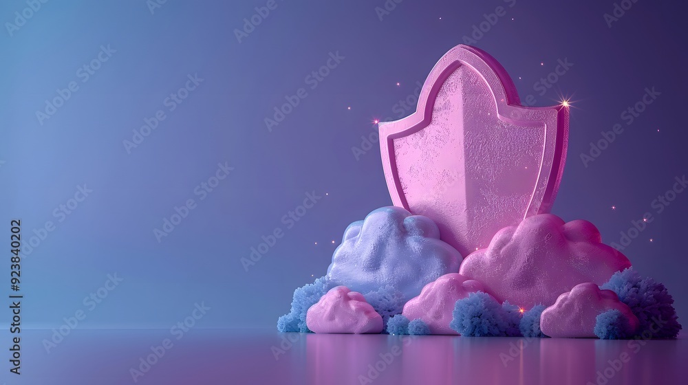 Poster conceptual image of a pink shield among colorful clouds, symbolizing protection and security in a cr