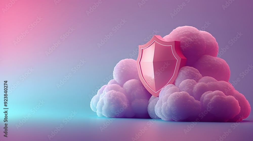 Aufkleber cybersecurity concept with a pink shield on a cloud in a soft pastel gradient background representin