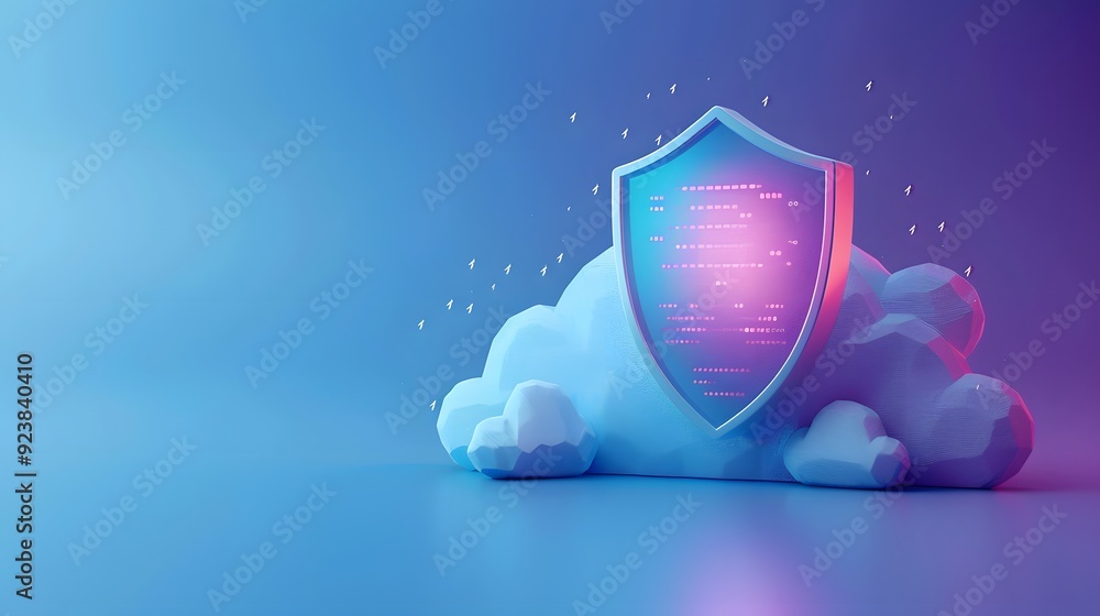 Poster cybersecurity concept with a shield icon over a cloud in a futuristic pastel setting representing da