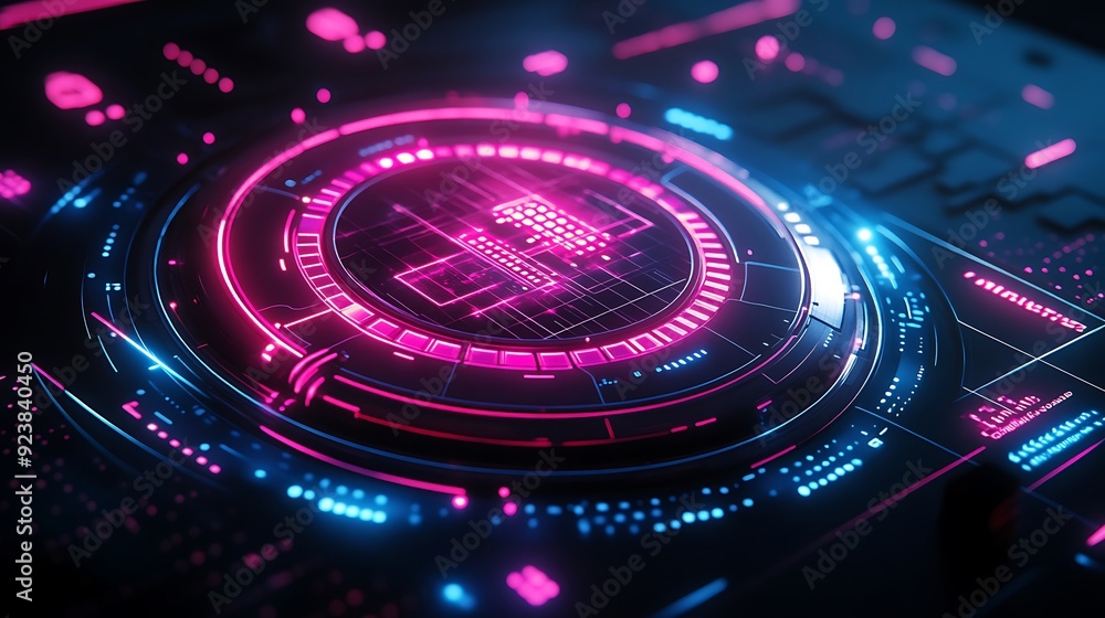 Aufkleber techno futuristic shield-shaped ui elements with pink and blue glow lines on black background - 3d r