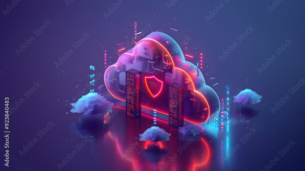 Poster digital cloud computing security concept with neon lights and futuristic design, representing data p