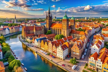 Vibrant aerial view of historic Gdansk's Old City, showcasing majestic St. Mary's Basilica, winding Motlawa River, and colorful medieval architecture in Poland's amber city.
