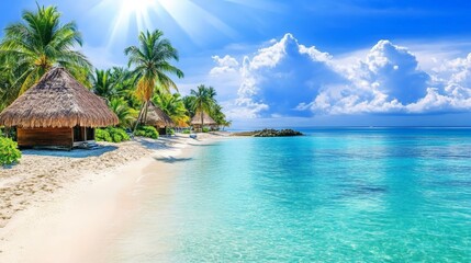 Naklejka premium Serene Tropical Beach with Palm Trees, Crystal Clear Water, and Sunny Blue Sky