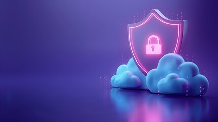 Digital cloud security concept with shield lock icon, blue clouds, and purple background. Illustration of data protection and cybersecurity.