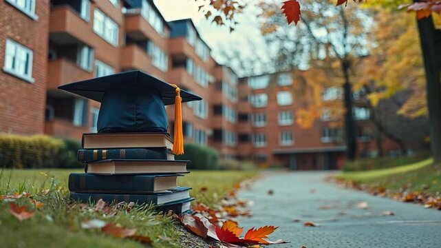 A graduation cap rests on a stack of books surrounded by colorful fallen leaves on a college campus in autumn.