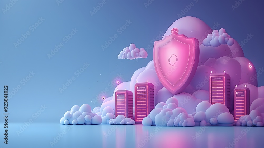 Poster digital cloud storage with advanced cyber security shield protecting data servers, surrounded by fut