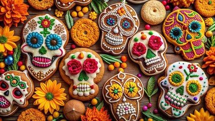 Vibrant gingerbread recreations of traditional Mexican symbols, including sugar skulls, marigolds, and serpents, adorned with colorful icing and decorations, on a festive holiday backdrop.