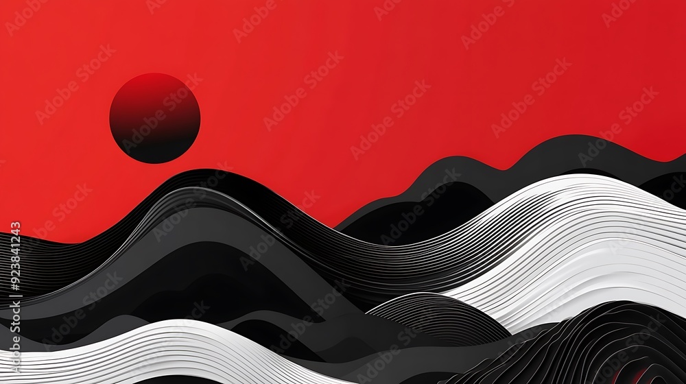 Poster abstract black and white vector shapes with waves on red background - modern three-dimensional desig