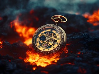 Antique Bejeweled Pocket Watch Emerging from Molten Lava Symbolizing Fleeting Fortune and Relentless Time