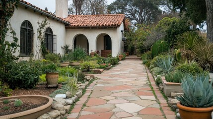 Fototapeta premium Stone pathway lined with lush greenery leading to a Spanish-style home with arched entryways.