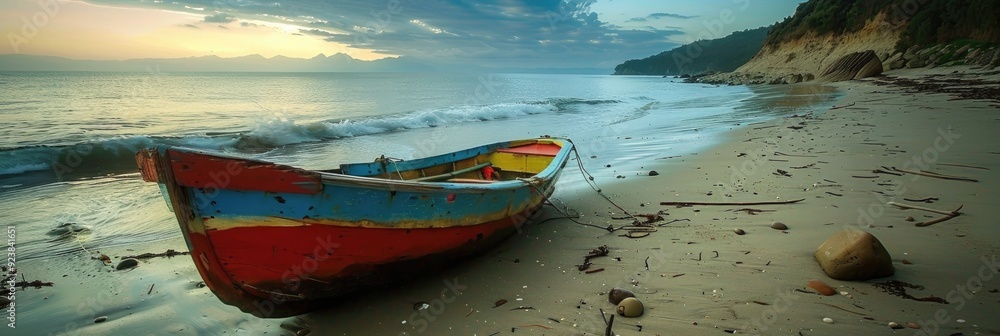 Sticker Small fishing vessel on the coastline