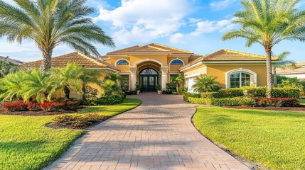 Naklejka premium A beautiful yellow home with a lush, green lawn and palm trees, showcasing the elegance of a Mediterranean-inspired architectural style.