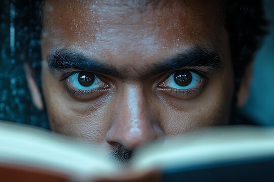 A person intently reading a book with a focused gaze, conveying concentration and determination, ideal for themes of education, studying, learning, and personal growth,