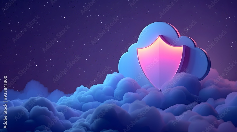 Poster digital security representation with a shield icon and cloud background, highlighting cybersecurity 