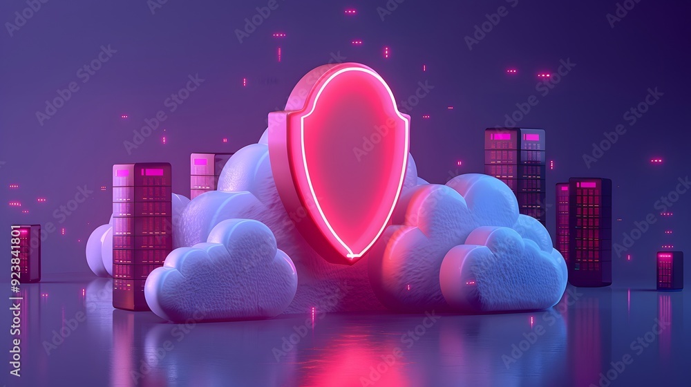 Poster digital security shield, clouds, and server stacks glowing in neon lights representing online data p
