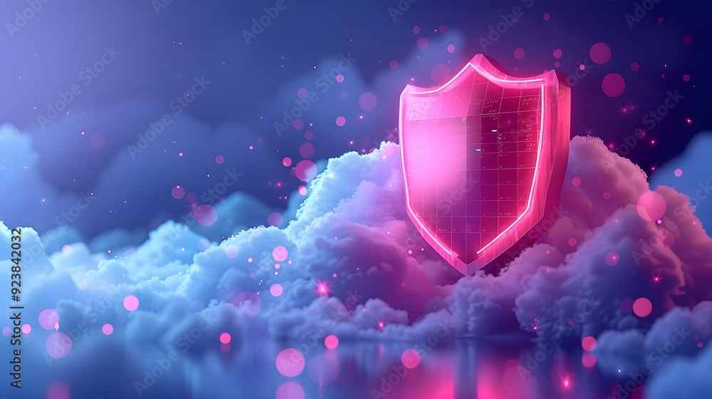 Poster digital shield icon glowing on top of clouds, representing cloud security and protection in a cyber 