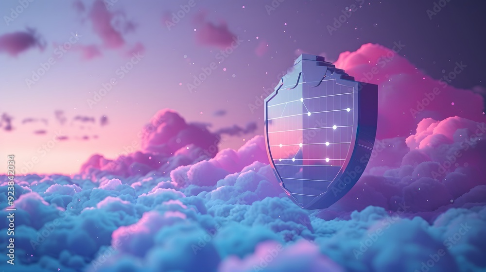 Poster digital shield in the cloud at sunset, representing cybersecurity and data protection with a futuris