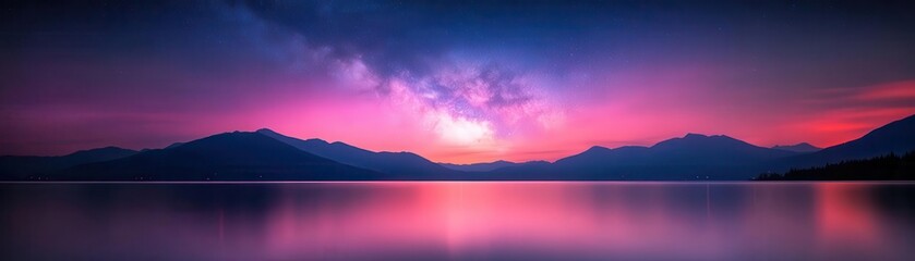 Dramatic night sky, Milky Way over serene lake, star reflections