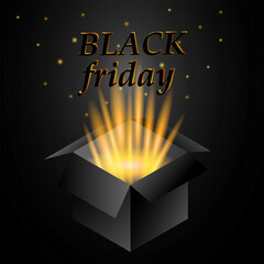 Open 3d box with golden rays and flying magic dust for Black Friday sale. Graphic elements for your design. Vector illustration.