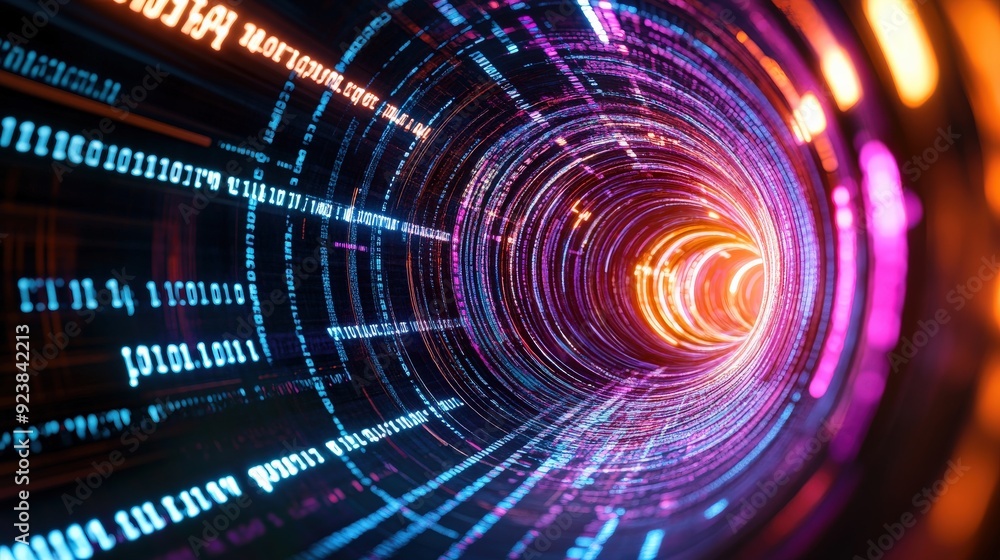 Poster a colorful, glowing tunnel with a series of numbers and letters