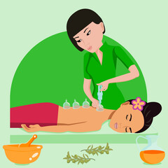 Cup massage. Treatments by professional therapist in spa. Vacuum therapy. Isolated flat vector illustration. Asian and Eastern ethnicity.