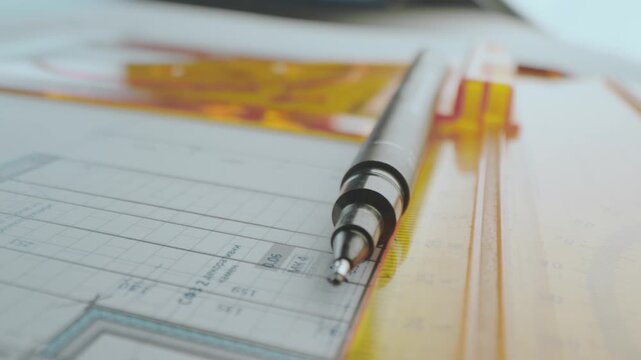 Architectural blueprints with pen and compass ruler on a desk. Creative design concept