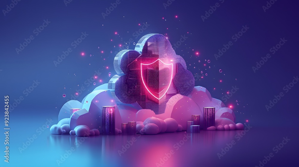 Poster futuristic cloud computing and data security concept with glowing shield, digital protection, and te