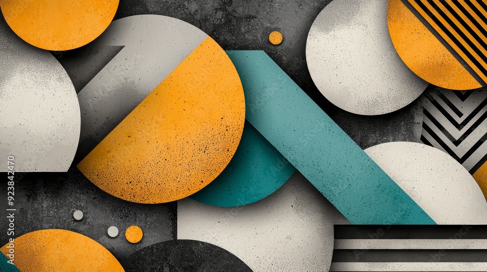 Poster vibrant geometric patterns with circles and lines in contrasting colors, ideal for modern design pro
