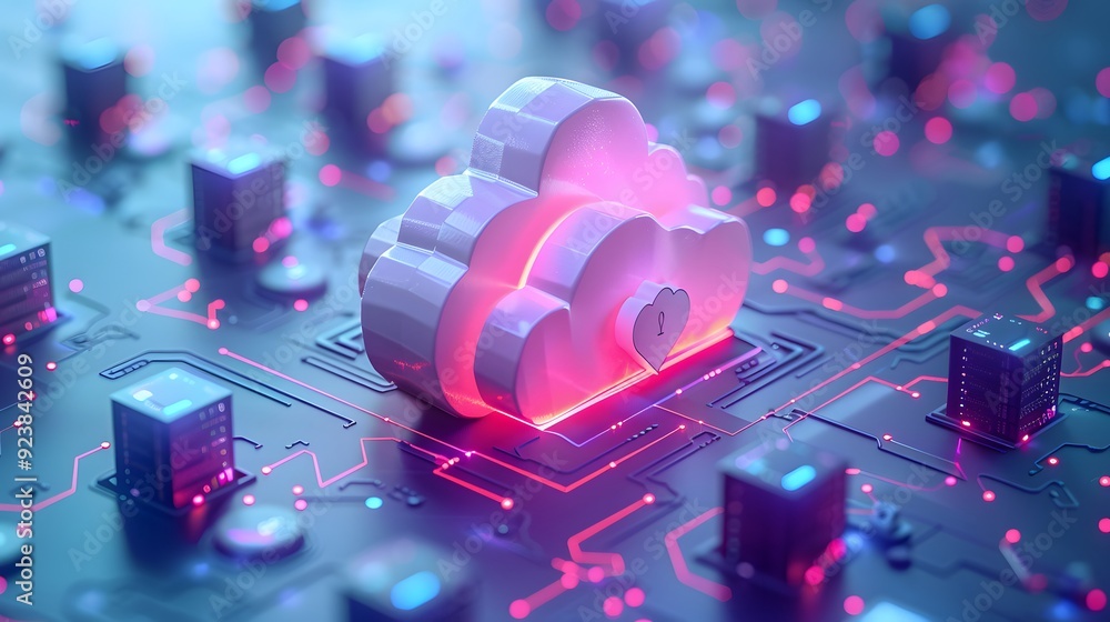 Poster futuristic cloud computing concept with glowing pink cloud icon on a circuit board, representing dat