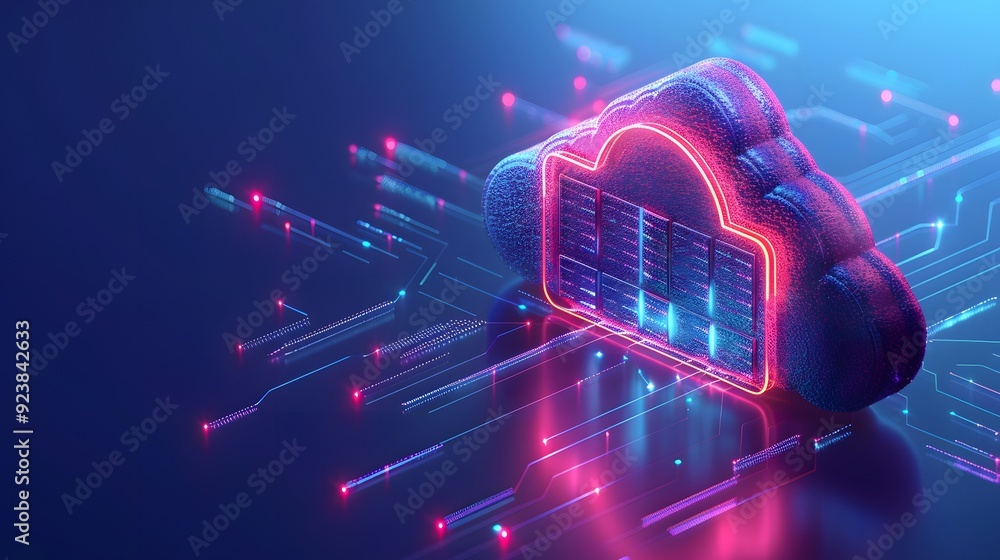 Poster futuristic cloud computing concept with glowing neon lights and data flowing, representing advanced 