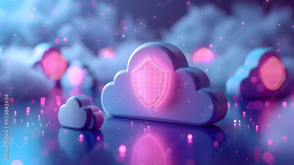 Poster futuristic cloud computing concept with secure data protection. digital network security and technol