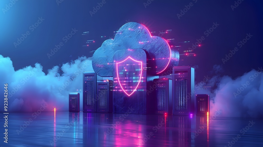 Poster futuristic cloud computing concept with neon shield symbolizing cybersecurity, surrounded by servers