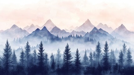 Obraz premium A serene landscape featuring misty mountains and dense evergreen trees under a soft pastel sky.