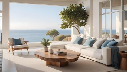 Obraz premium A modern and minimalist living room with a large white sectional sofa, a wooden coffee table, and a potted tree in the background.