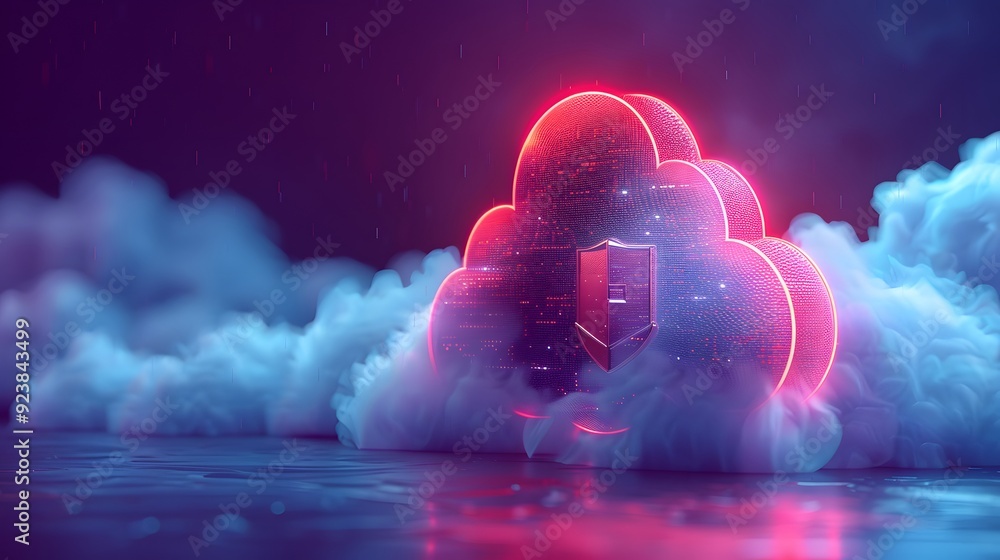 Poster futuristic cloud storage visualization with neon lights, depicting digital data security in a virtua