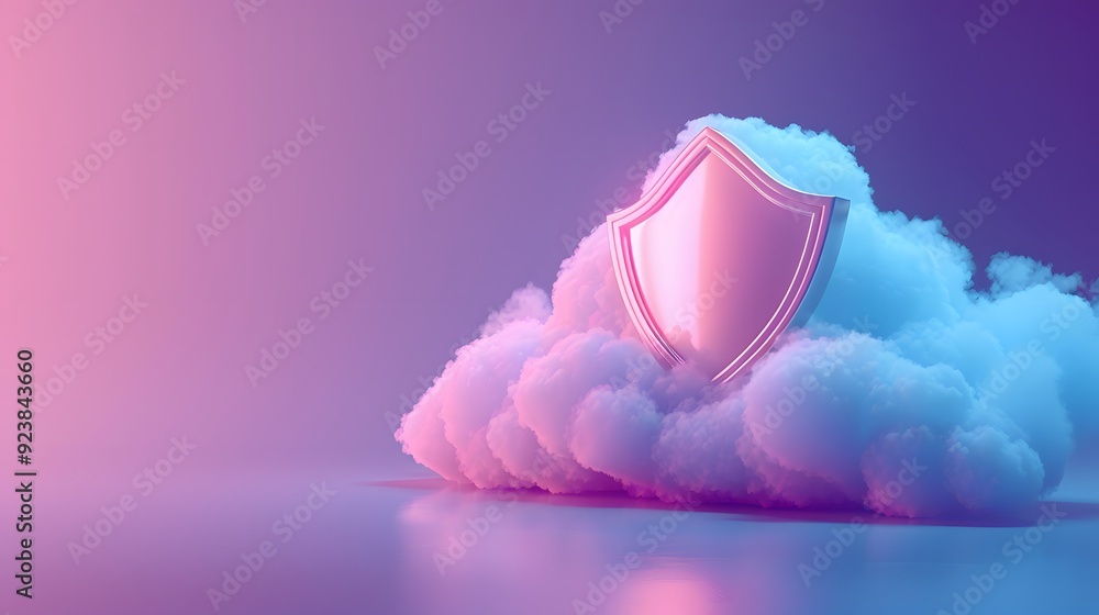 Poster futuristic cybersecurity concept with a shield icon floating on a cloud, symbolizing cloud security 