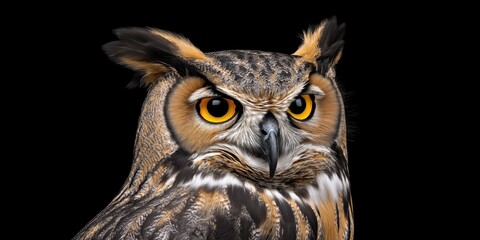 Fototapeta premium Photo of an eagle owl isolated against a black background, emphasising the eagle owl's majestic features. Wildlife and conservation concept, space for copy.